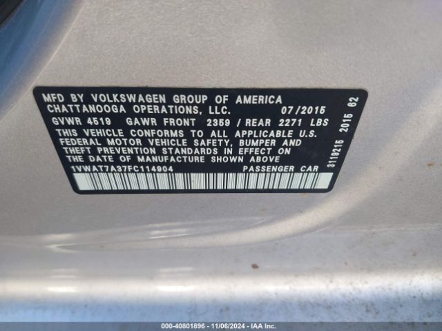 1VWAT7A37FC114904 Volkswagen Passat 1.8t Limited Edition