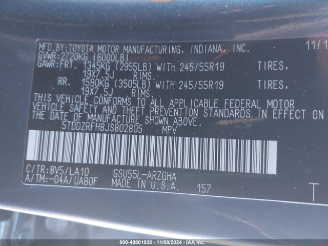 Toyota Highlander Limited 2018 5TDDZRFH8JS802805 Image 9