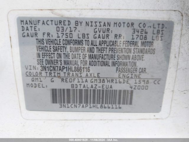 3N1CN7AP1HL866116 Nissan Versa 1.6 S+
