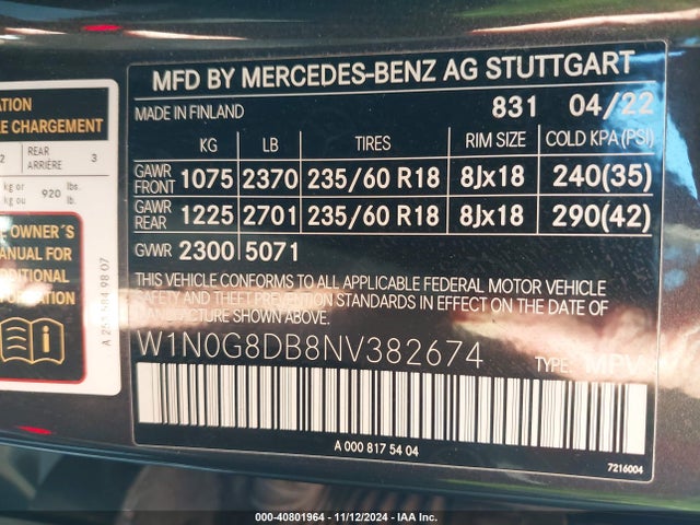 W1N0G8DB8NV382674 Mercedes-Benz Glc 300 Suv