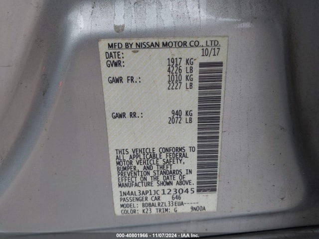Nissan Altima 2.5 Sl 2018 1N4AL3AP1JC123045 Image 9