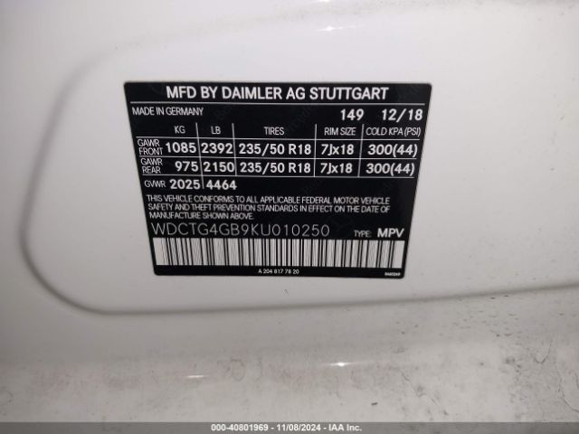 WDCTG4GB9KU010250 Mercedes-Benz Gla 250 4matic