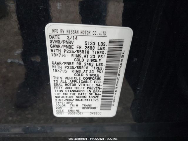 JN8AZ1MU4EW411875 Nissan Murano Le/s/sl/sv
