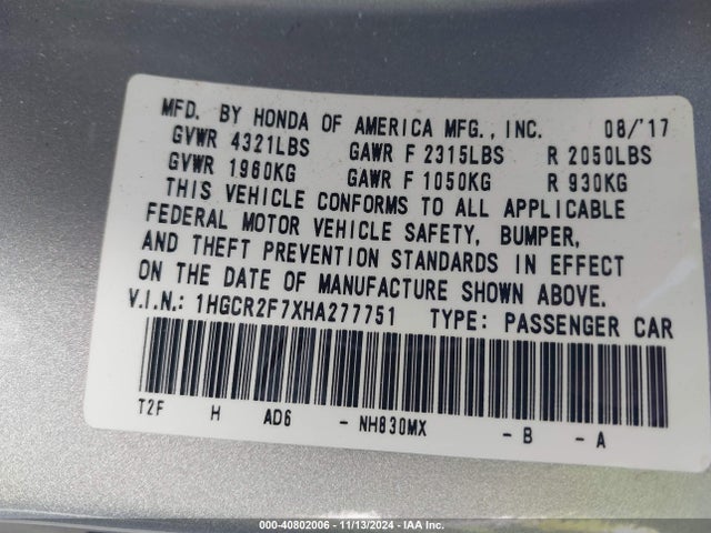 Honda ACCORD EX 2017 1HGCR2F7XHA277751 Image 9