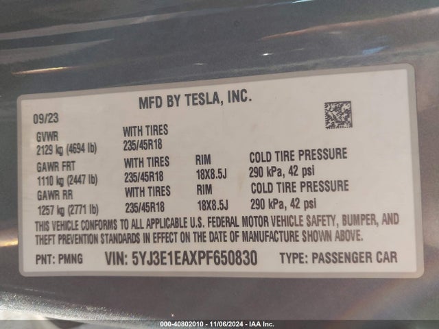 2023 TESLA MODEL 3 5YJ3E1EAXPF650830 Photo 8