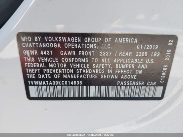 1VWMA7A39KC014638 Volkswagen Passat 2.0t Se R-line