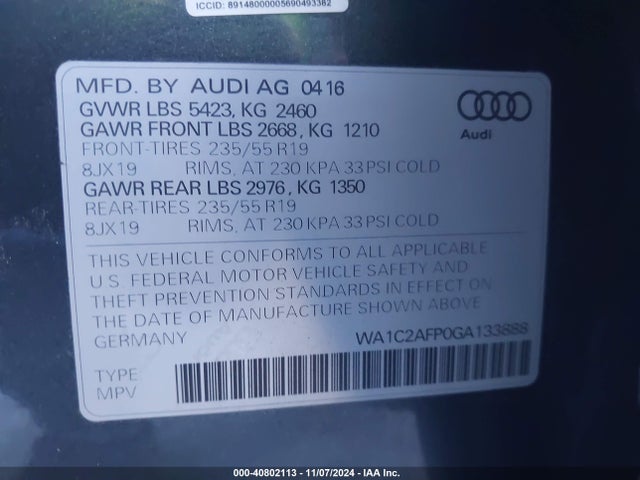 Audi Q5 2.0t Premium 2016 WA1C2AFP0GA133888 Image 9