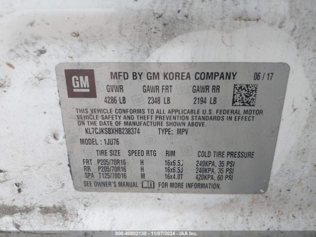 KL7CJKSBXHB238374 Chevrolet TRAX LS