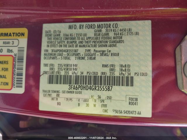 3FA6P0HD4GR355587 Ford FUSION SE