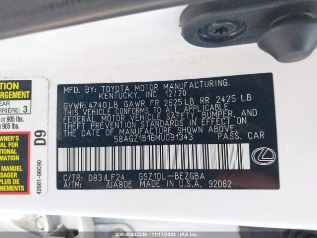 58AGZ1B16MU091343 Lexus Es 350 F Sport