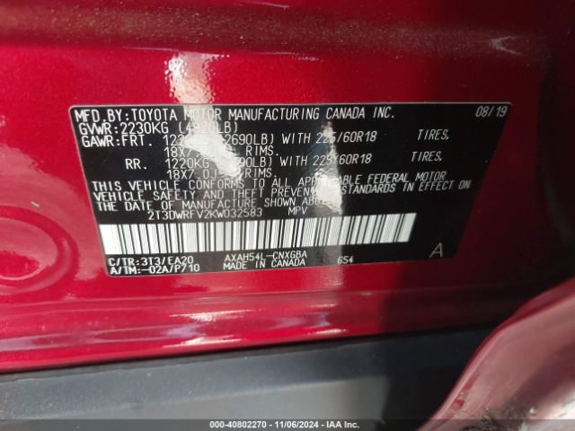 2T3DWRFV2KW032583 Toyota Rav4 Hybrid Limited
