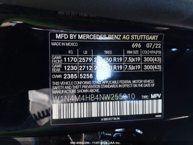 W1N4M4HB4NW255010 Mercedes-Benz Glb 250 4matic