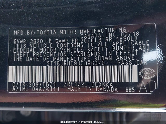 Toyota COROLLA LE 2018 2T1BURHE9JC086076 Image 9