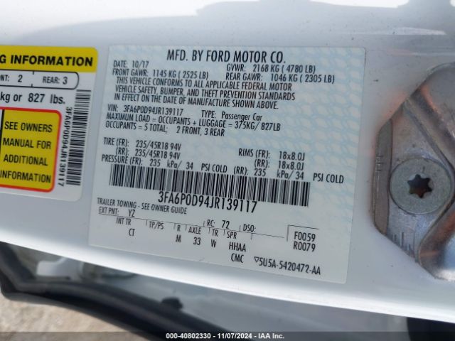 3FA6P0D94JR139117 Ford Fusion Titanium