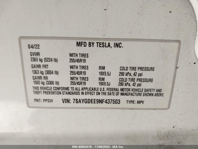 2022 TESLA MODEL Y 7SAYGDEE9NF437503 Photo 8
