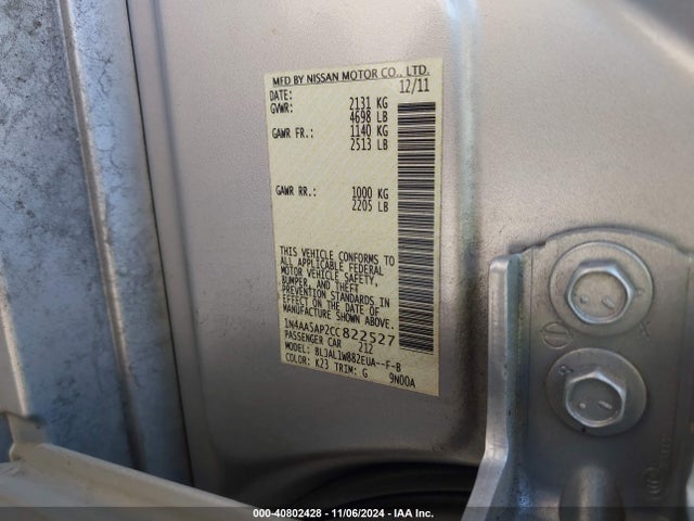 2012 Nissan Maxima 3.5 Sv მანქანა იყიდება აუქციონზე, vin: 1N4AA5AP2CC822527, აუქციონის ნომერი: 40802428