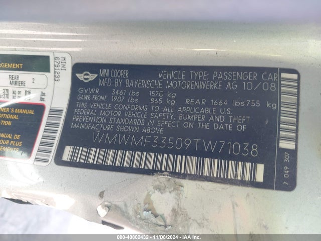 2009 MINI COOPER WMWMF33509TW71038 Photo 8