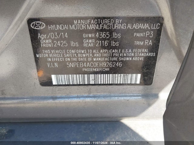 Hyundai SONATA GLS 2014 5NPEB4AC0EH926246 Image 9
