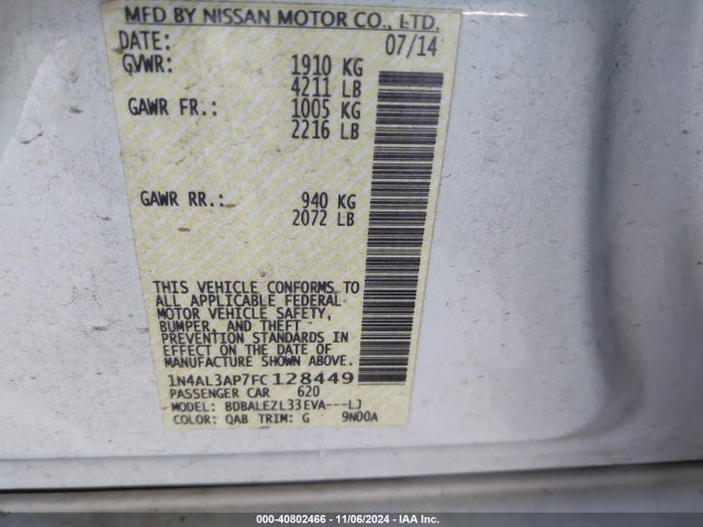 Nissan Altima 2.5 S 2015 1N4AL3AP7FC128449 Image 9