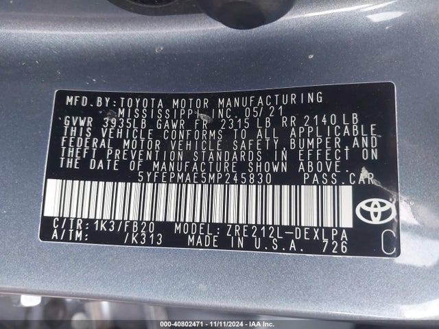 Toyota COROLLA LE 2021 5YFEPMAE5MP245830 Image 9