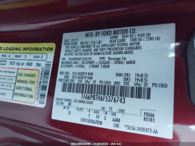 1FA6P8TH6F5376743 Ford Mustang Ecoboost