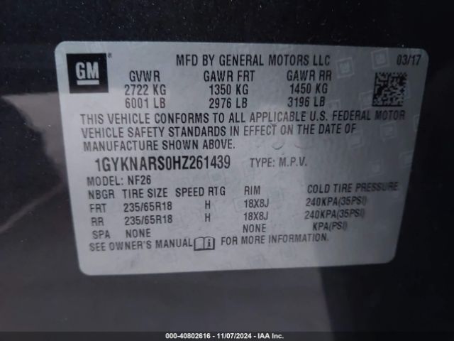 1GYKNARS0HZ261439 Cadillac Xt5 Standard