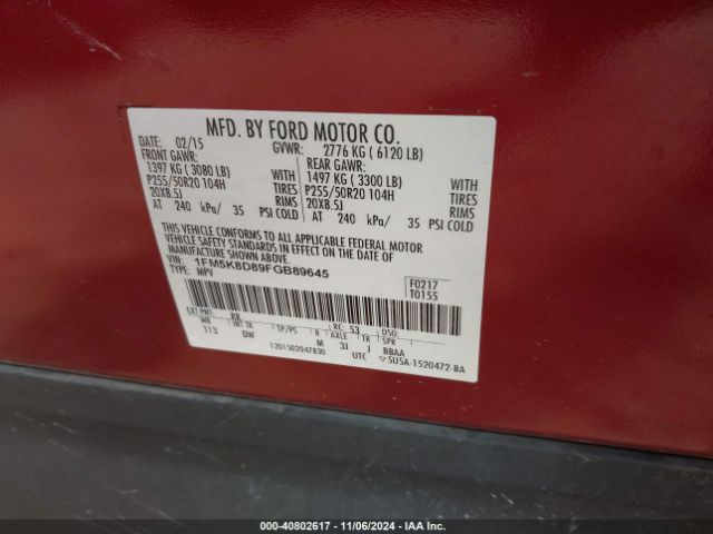 1FM5K8D89FGB89645 Ford EXPLORER XLT