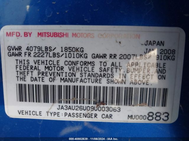 2009 MITSUBISHI LANCER JA3AU26U09U003063 Photo 8