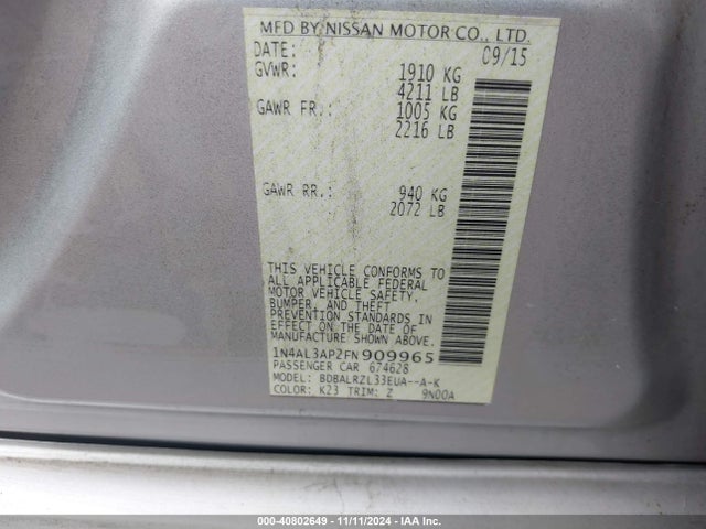 Nissan Altima 2.5 Sl 2015 1N4AL3AP2FN909965 Image 9