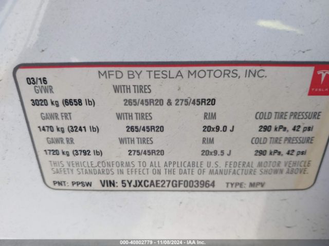 5YJXCAE27GF003964 Tesla Model X 60d/70d/75d/90d