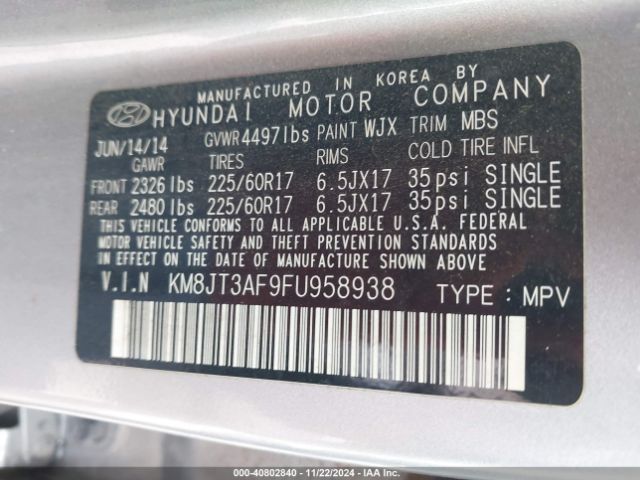 KM8JT3AF9FU958938 Hyundai TUCSON GLS