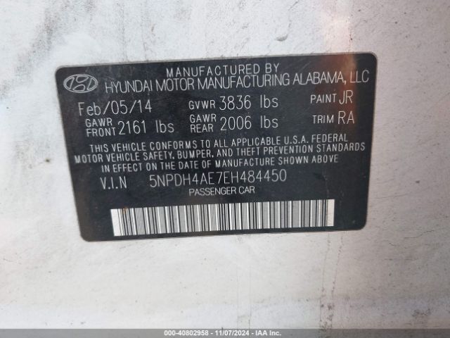 5NPDH4AE7EH484450 Hyundai ELANTRA SE