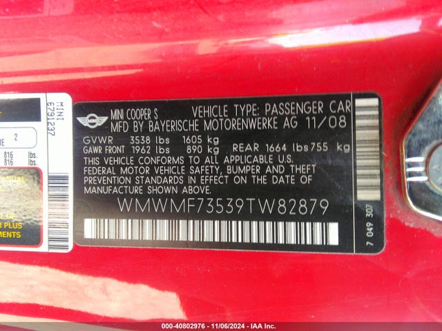 2009 MINI COOPER S WMWMF73539TW82879 Photo 8