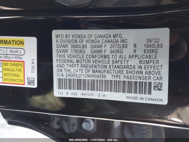 Honda Civic Sport 2022 2HGFE2F52NH604289 Image 9