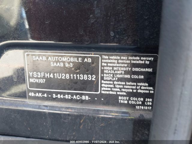 2008 SAAB 9-3 YS3FH41U281113832 Photo 8