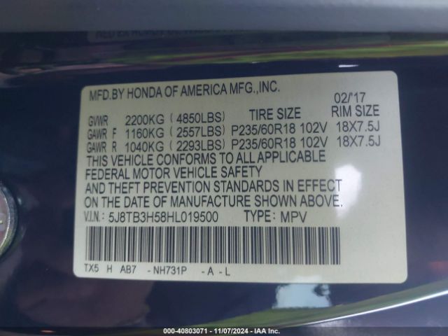 5J8TB3H58HL019500 Acura Rdx Technology   Acurawatch Plus Packages/w/technology Package