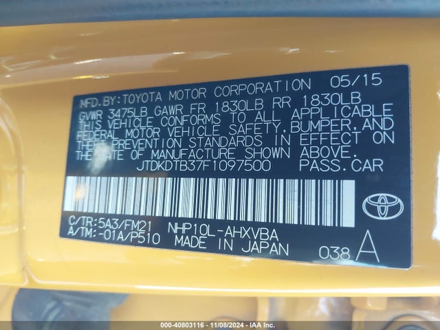 Toyota Prius C Two 2015 JTDKDTB37F1097500 Image 9