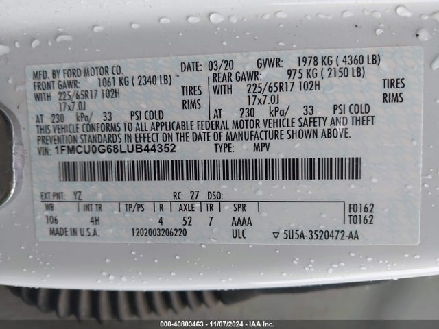 Ford ESCAPE SE 2020 1FMCU0G68LUB44352 Image 9