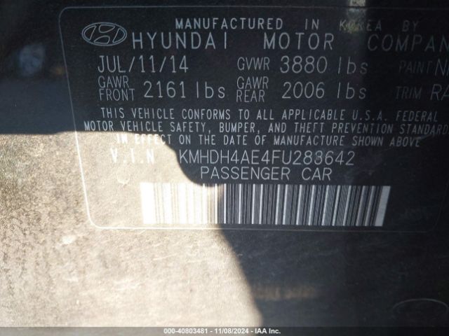 KMHDH4AE4FU283642 Hyundai ELANTRA SE