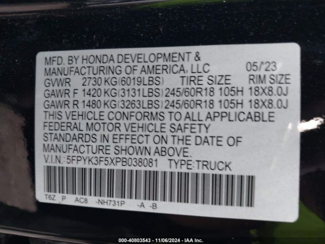 5FPYK3F5XPB038081 Honda Ridgeline Rtl