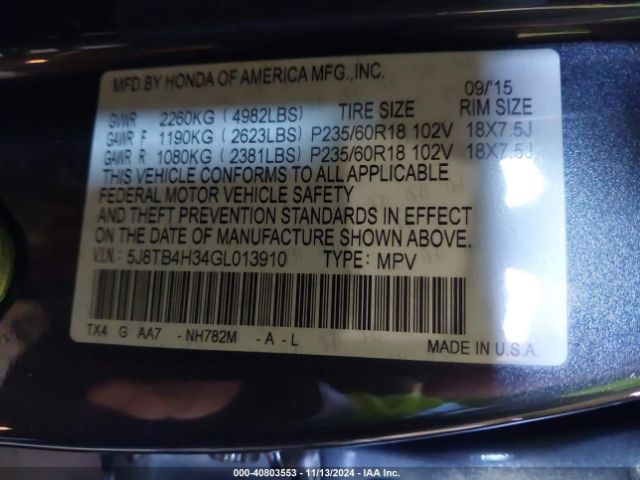 5J8TB4H34GL013910 Acura Rdx Acurawatch Plus Package