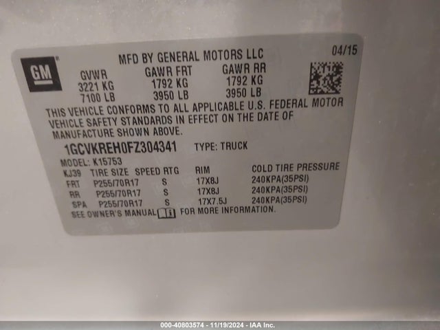 1GCVKREH0FZ304341 Chevrolet Silverado 1500 1lt