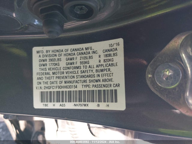 Honda Civic Touring 2017 2HGFC1F90HH630154 Image 9