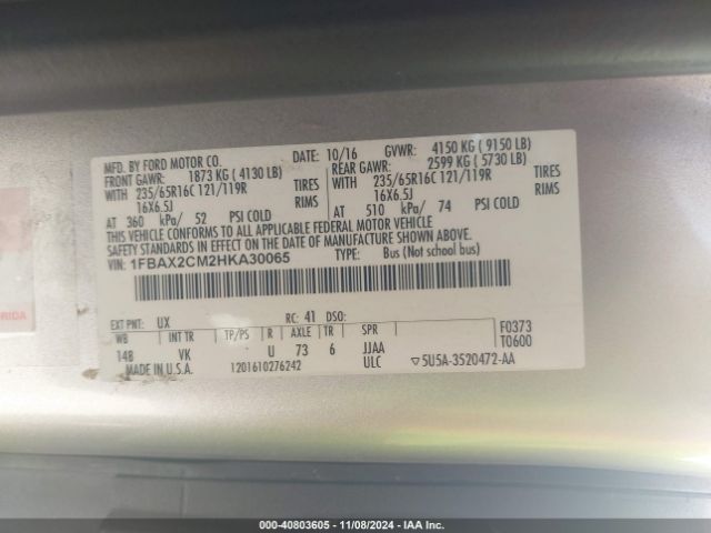 1FBAX2CM2HKA30065 Ford Transit-350 Xl