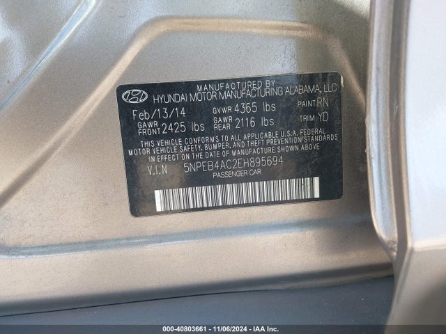 Hyundai SONATA GLS 2014 5NPEB4AC2EH895694 Image 9