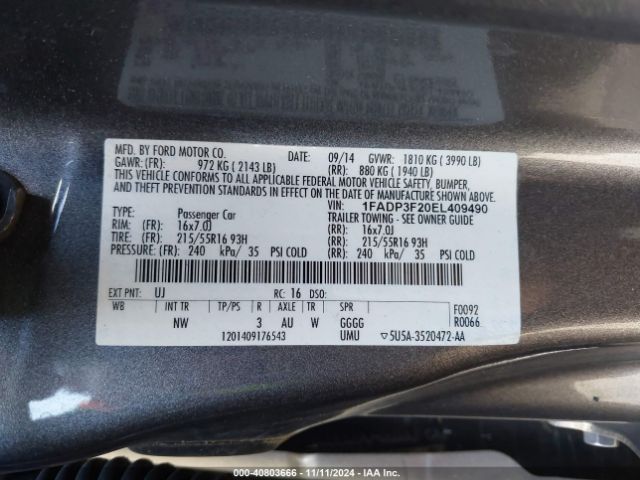 1FADP3F20EL409490 Ford FOCUS SE