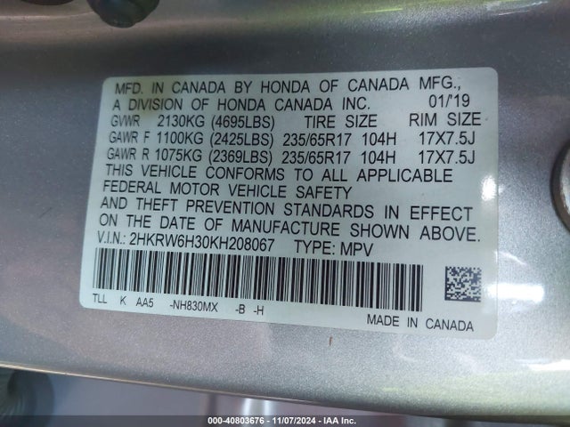 Honda CR-V LX 2019 2HKRW6H30KH208067 Image 9