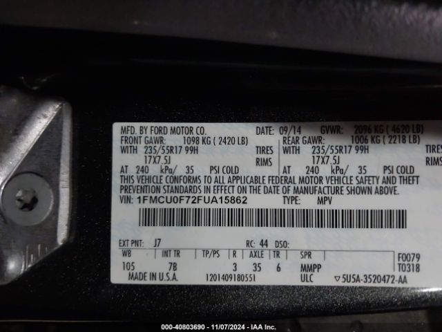 1FMCU0F72FUA15862 Ford ESCAPE S