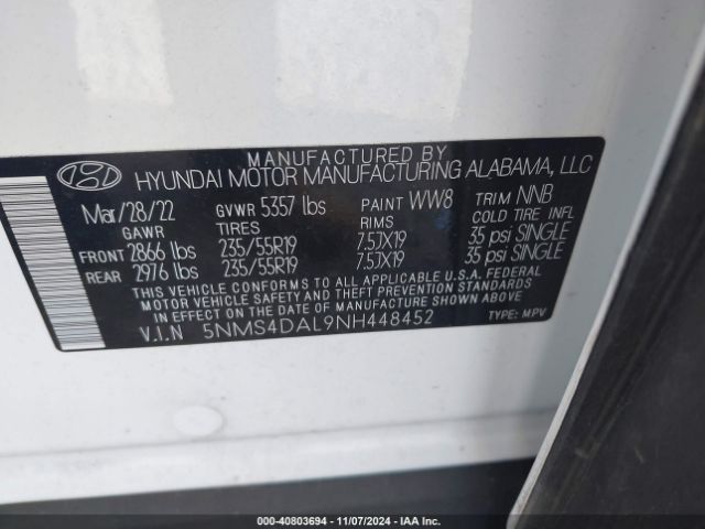 5NMS4DAL9NH448452 Hyundai Santa Fe Limited