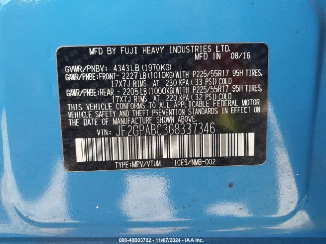 JF2GPABC3G8337346 Subaru Crosstrek 2.0i Premium